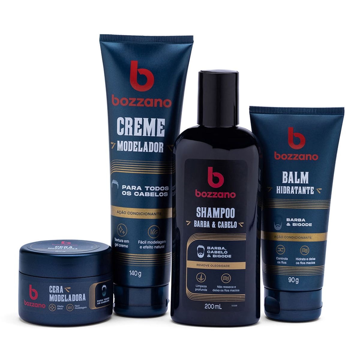 Kit para Cabelo, Barba e Bigode Bozzano: Shampoo, Balm, Creme e Kit para Cabelo, Barba e Bigode Bozzano: Shampoo, Balm, Creme e