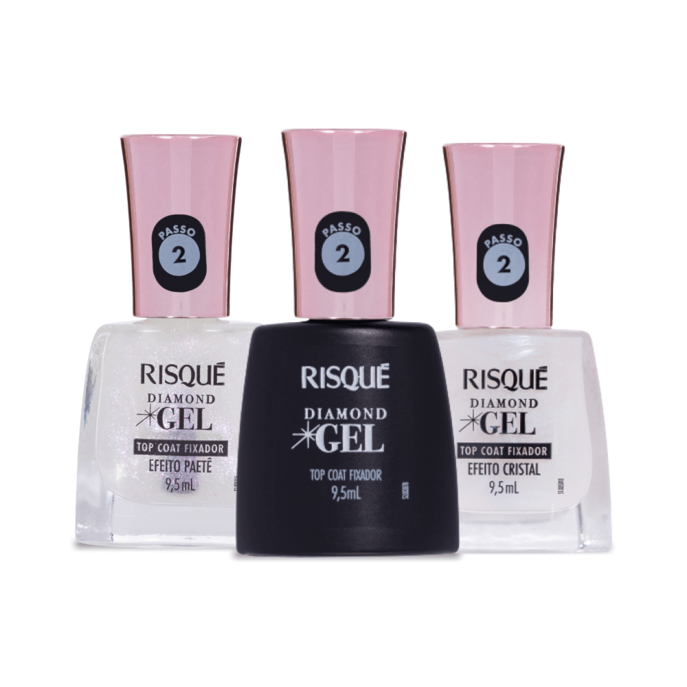Kit Risqué Diamond Gel 3 Top Coats – Efeito Cristal, Efeito Paetê e Top ...