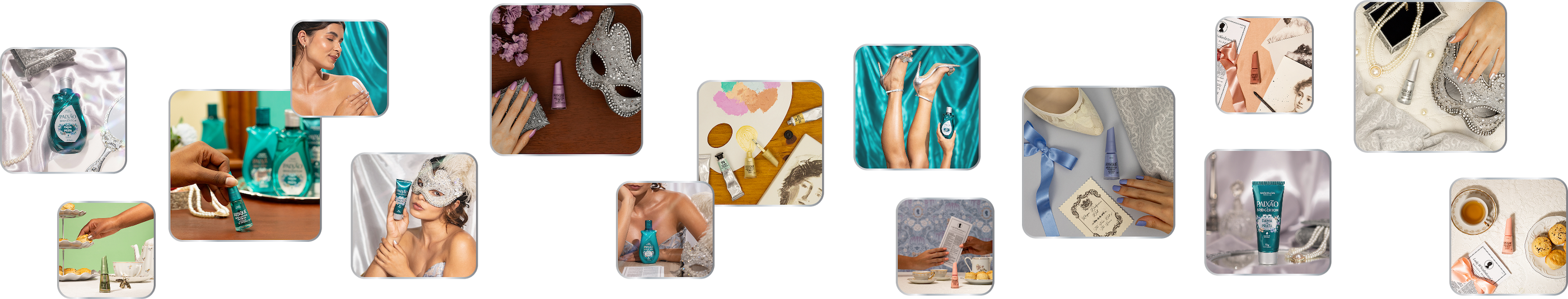 varios produtos coty bridgerton voando horizontalmente na tela