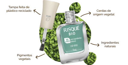 Tampa feita de plástico reciclado, Cerdas de origem vegetal, pigmentos vegetais, ingredientes naturais